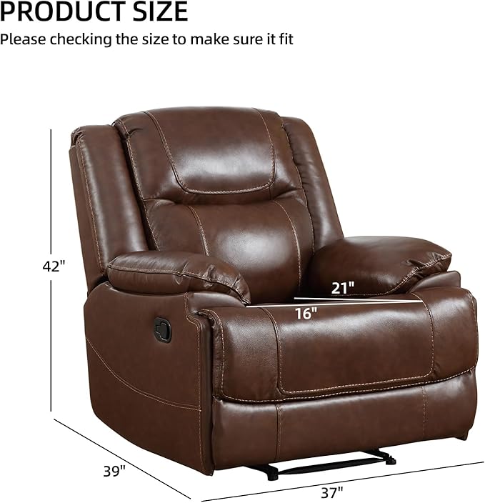 EBELLO Genuine Leather Manual Recliner Chair Reclining Sofa Chair Couch for Living Room Bedroom Furniture Meeting Room Brown