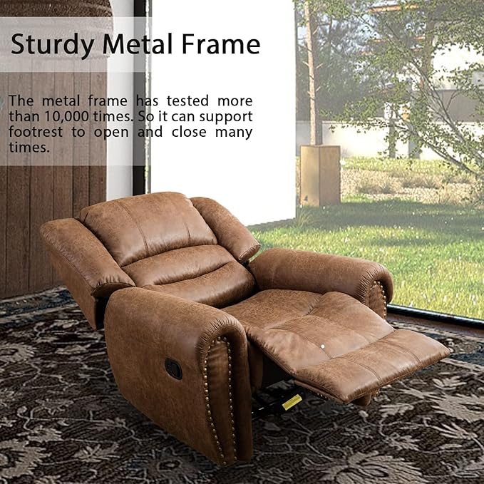 INZOY Leather Recliner Chair Heavy Duty Manual Reclining Sofa Single Lounge Sofa for Living Room Home Theater Seating Light Brown
