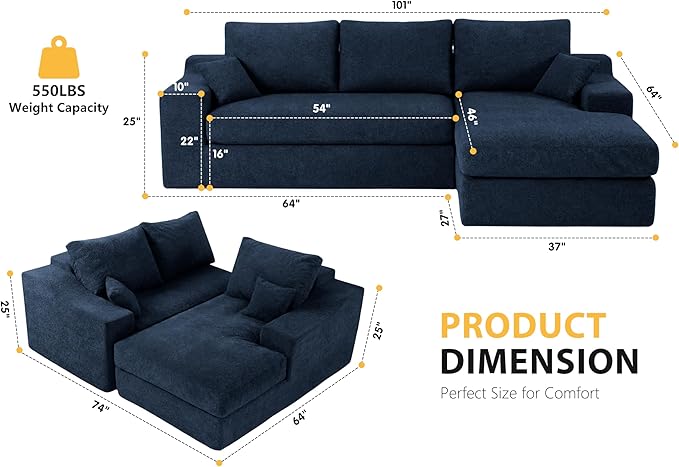 HABUTWAY 101'' Modular Sectional Sofa Cloud Sectional Couches for Living Room Comfy Boneless Couch with Deep Seat Modern L-Shape Sofa with Chaise No Assembly Required (Blue Right Facing Chaise)