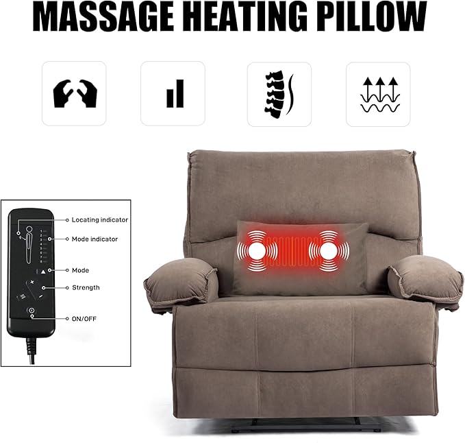 Extra Wide Velvet Manual Recliner Chair for Adults Oversized 27’’ Seat Width Reclining Sofa with Massage and Heating for Big and Tall People Overstuffed Lazy Boy Couch for Living Room Brown