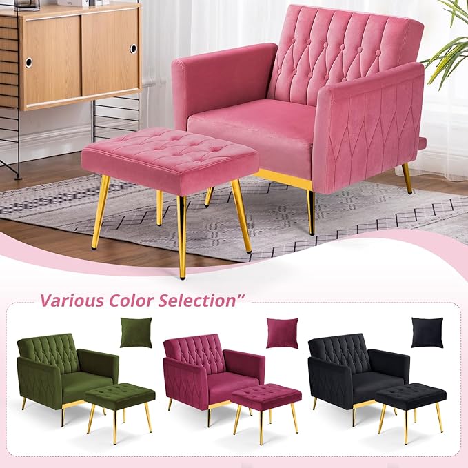 Velvet Accent Chair with Adjustable Armrests and Backrest Button Tufted Lounge Chair Single Recliner Armchair with Ottoman and Pillow for Living Room Bedroom Pink