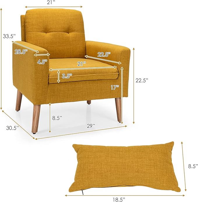 Giantex Modern Accent Chair Set of 2 Upholstered Linen Fabric Single Sofa Armchair with Pillow Max Load 330lbs Mid Century Modern Living Room Chair for Bedroom (Yellow)