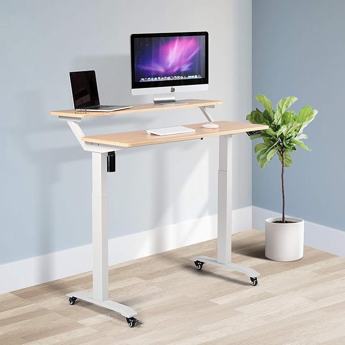 UNICOO Electric Height Adjustable 2-Tier Raising Desk with Wheels Mobile Standing Desk with Monitor Stand Ergonomic Adjustable Computer Table Electric Standing Game Table for Home Office