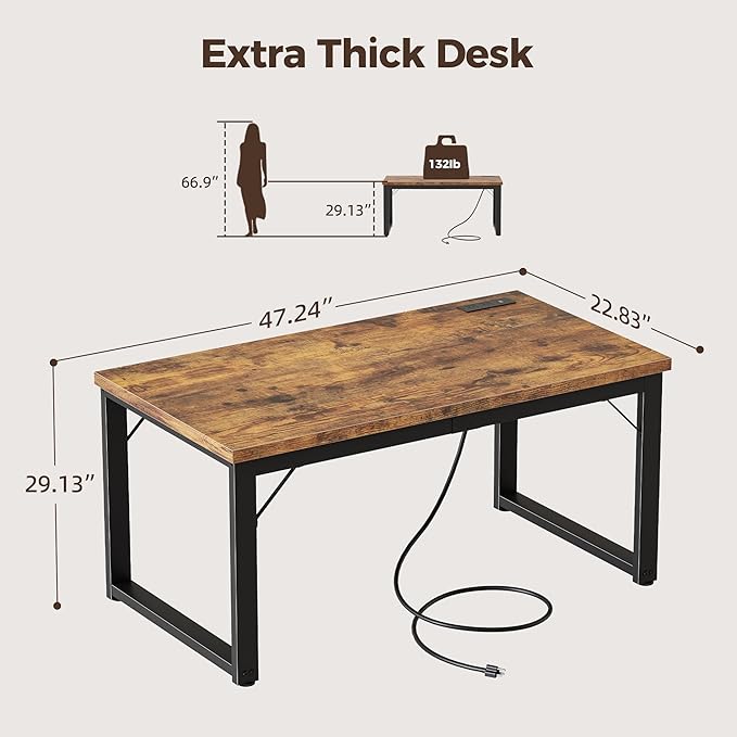 Mericonia 48 Inch Computer Desk with Power Outlets 1.2 Thick Heavy Duty Industrial Office Desk Modern Simple Study Writing Table for Home Bedroom Workstation Brown