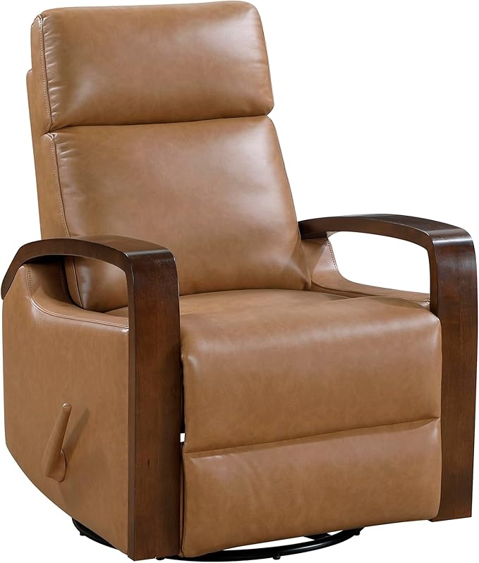 Lexicon 360 Degree Swivel Glider Reclining Chair Breathable Faux Leather Manual Recliner Comfy Nursery Glider Recliner Wood Arms Pull Handle for Living Room/Office/Bedroom/Apartment Camel Brown