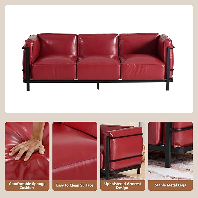 QHITTY 3 Seater Sofa Mid-Century Modern Upholstered Couch Chair Faux Leather Sofa Couch with Iron Frame and Upholstered Armrest Backrest Cushion for Living Room Office Apartment (Burgundy)