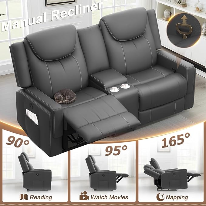 Loveseat Recliner Sofa Gray PU Leather Double Recliner Loveseat with Console Cup Holders Storage &amp USB Ports Ergonomics Manual Reclining Sofa Couch for Living Room RV
