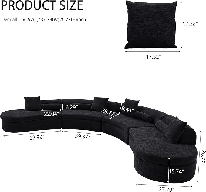 Modern 260 Curved Modular Sectional Sofa Extended 4-Seater Sofa Seats Up for 8 Chenille Foam Curved Modular Couch with Pillow for Apartment Living Room BedroomOffice (L+2M+R Black)