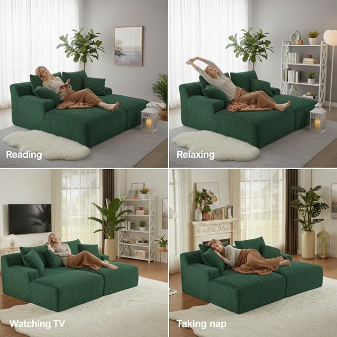 79 Double Chaise Lounge Chair Indoor: Oversized Comfy Corduroy Upholstered Boneless Couch with 4 Pillows for Living Room Bedroom and Apartment Deep Seat Sleeper Sofa 2-Seat Green