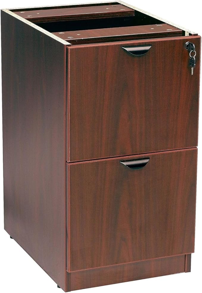 Mahogany Full Pedestal File Cabinet Two-Drawer Filing Unit Thermal Fused Melamine Construction Scratch-Resistant Finish Cam Lock Assembly System Leveling Glides