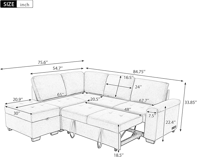 Flieks L-Shape Sleeper Sectional Sofa Bed with Storage Ottoman &amp Hidden Arm Storage 85Inch Sectional Corner Couch Sofa-Bed for Living Room Apartment