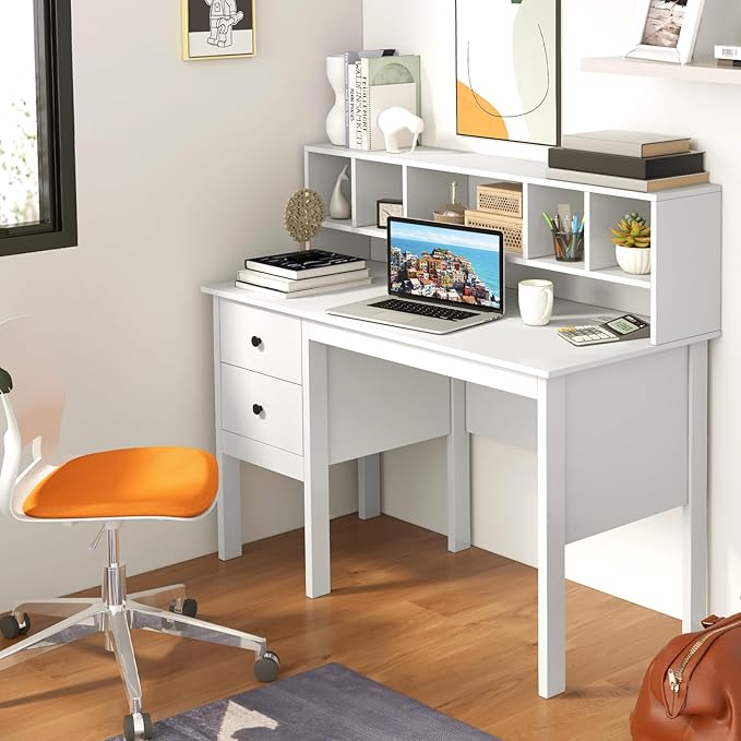 LDAILY Moccha Desk with Storage Drawers &amp Hutch Home Office Computer with Charging Station 5-Cubby Hutch &amp 2 Drawers Makeup Vanity Desk Wood Executive Desk Study Writing Desk for Bedroom