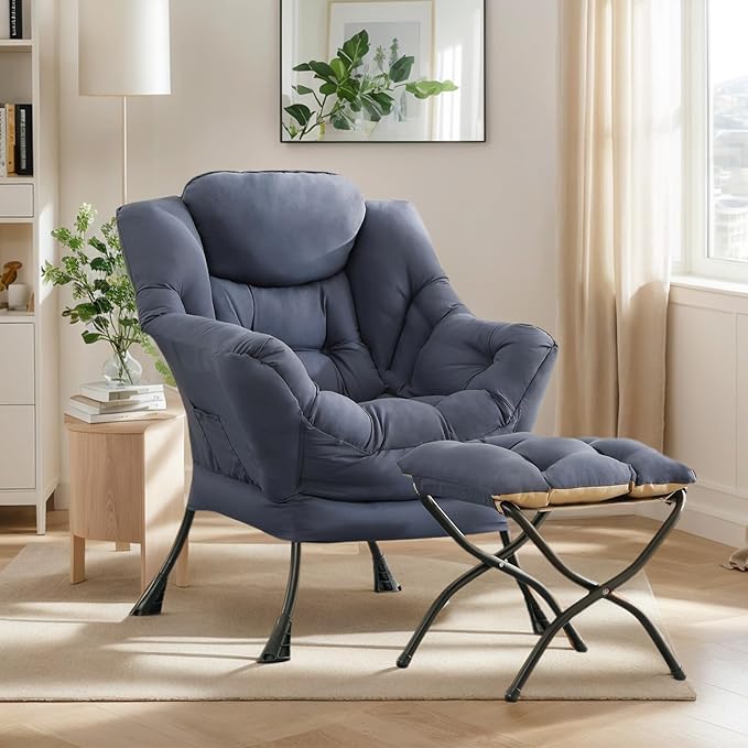 Lazy Chair with Ottoman Large Navy Accent Chair with Ottoman Comfy Reading Armchair Leisure Sofa Chair for Living Room Bedroom Dorm Room Office