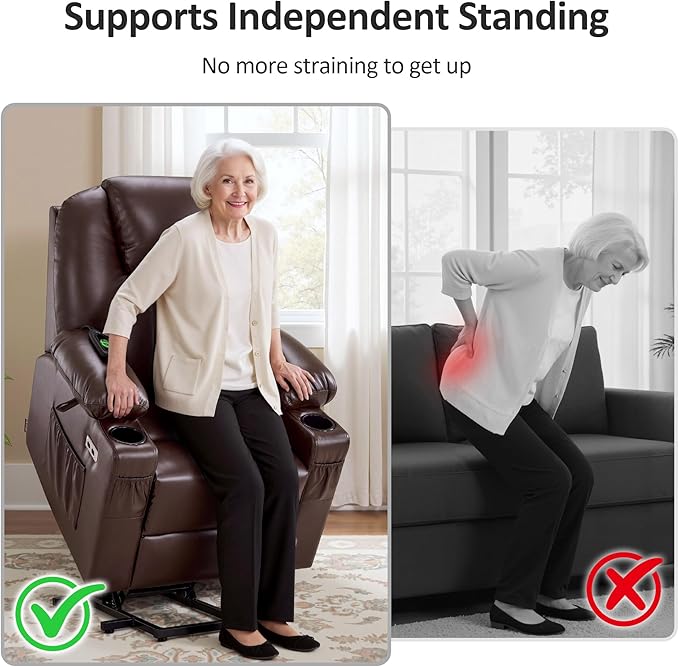 MCombo Power Lift Recliner Chair for Elderly Lift Chair with Heat and Massage FSC Certified USB Ports Cup Holders Faux Leather 7141 (Dark Brown Small)