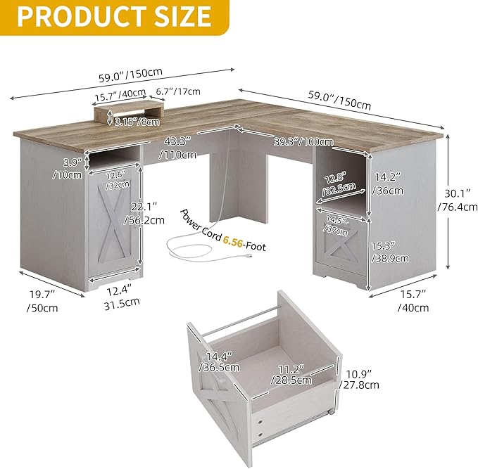 DWVO L Shaped Desk with File Drawer 60 Corner Computer Desk with Power Outlets Home Office Desk with Monitor Stand &amp Storage Shelves &amp File Cabinet Grey Wash