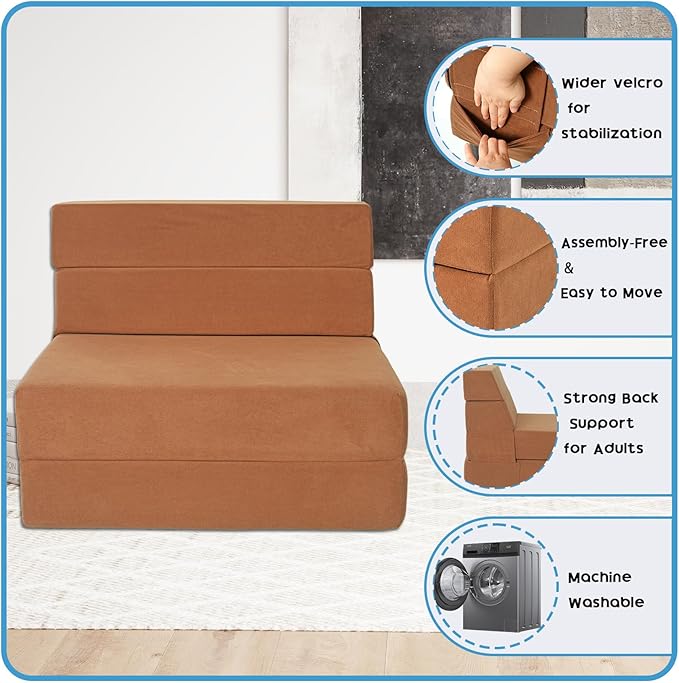 Folding Sofa Bed 4 in 1 Convertible Sleeper Chair with Washable Cover Memory Foam Fold Out Chair Bed Foldable Mattress with Back Support for Living Room Dorm Guest Room Home Office Coffee Brown