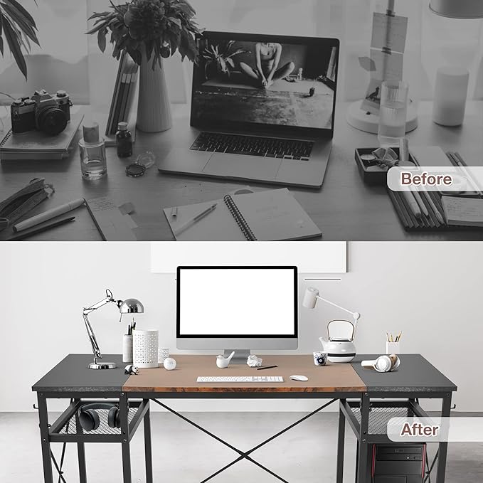 LUCKYERMORE 47 Inch Home Office Computer Desk Small Study Writing Desk with Storage Shelves &amp 4 Hooks Rustic Black Design Perfect for Small Spaces