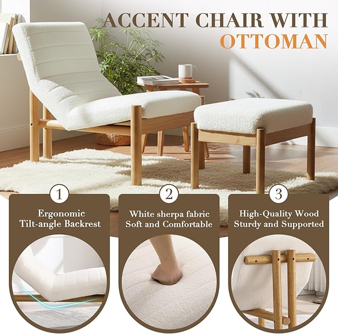 CIMOTA Upholstered Sherpa Accent Chair and Ottoman Set Modern Living Room Chair with Reclining Backrest and Footstool Small Reading Chairs for Living Room Bedroom White