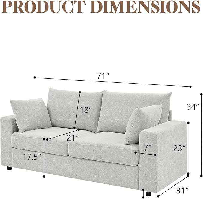 71 Loveseat Sofa Upholstered Love Seat with Deep Cushions &amp Removable Pillows Modern Polyester Couch for Bedroom Living Room &amp Office (Beige)