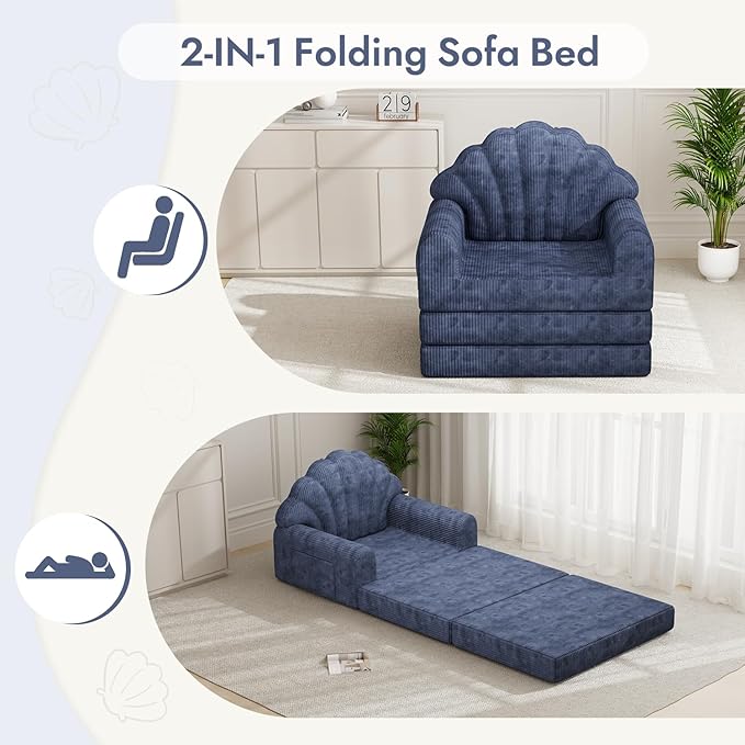 2-in-1 Folding Sofa Bed with Back Support 75 D x 34 W Convertible Futon Sleeper Chair for Adult Fold Out Bean Bag Floor Foam Lounger Couch for Living Room Bedroom Small Space Navy Blue
