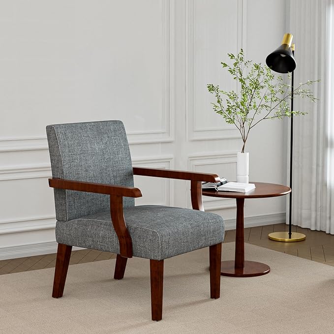 Modern Accent Chairs Set of 2 with Round Side Table Mid-Century Reading Leisure Arm Chair Fabric Upholstered with Solid Wood Armchair for Living Room Bedroom Office Apartment (Grey)