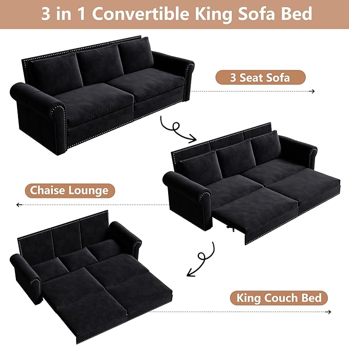 93.7 King Pull Out Sofa Bed 3 in 1 Convertible Sleeper Sofa 3 Seat Couch with Nailhead Trim &amp Rolled Arm for Living Room Apartment Office Black Velvet