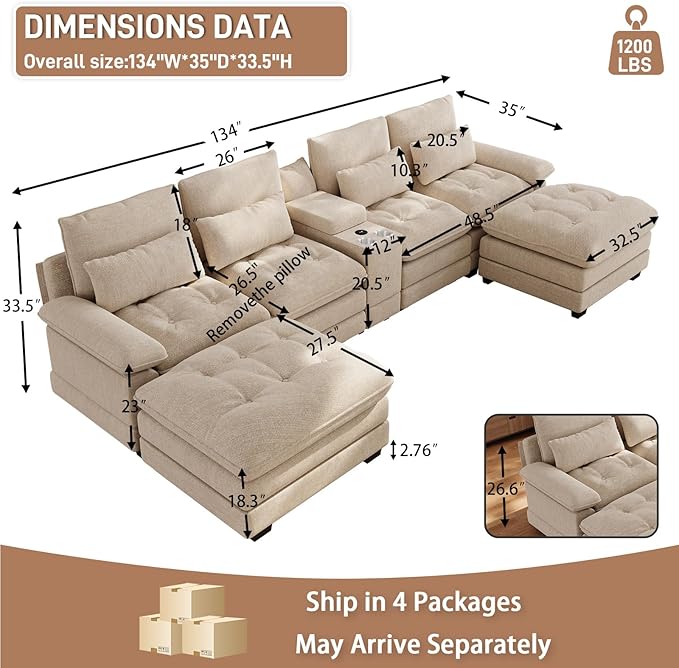 134U Shaped Sectional Couches for Living Room Oversized Modular Sectional Fluffy Couch with 2 Ottoman &amp Storage ConsoleModern 6 Seat Living Room Sofa with Glitter FabricTufted Buttons Camel