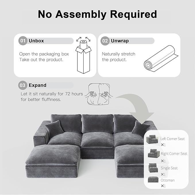 108'' Modular Sectional Sofa with Ottoman Corduroy Cloud Sectional Couches for Living Room High-Back Modern L Shaped Boneless Couch Deep Seat 3 Seater Sofa No Assembly Required Grey