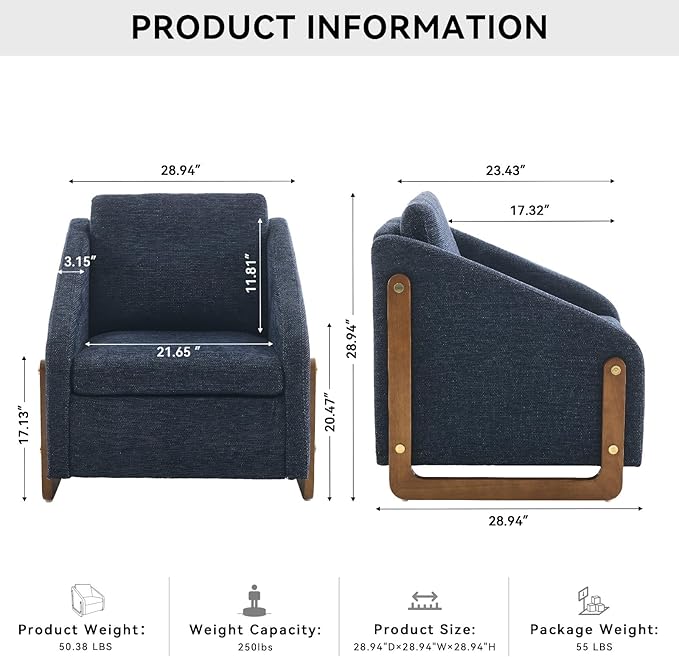 Chenille Accent ChairSingle Sofa Chair with Tilted ArmrestCozy Reading Chair for BedroomLiving Room Chair with Cushioned Backrest and Seat Holds up to 250lbs (Blue)