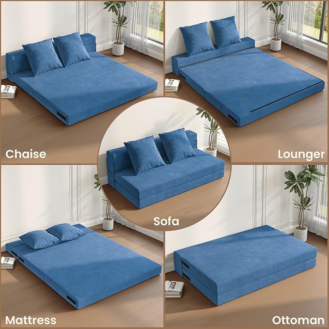 60 Convertible Sleeper Sofa Bed 5-in-1 Loveseat Boneless Couch in a Box Fold Out Chair Bed with Pillows Folding Floor Mattress for Living Room Bedroom Dorm Guest Use Apartment Navy Blue