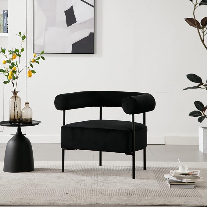 Wahson Black Accent Chair with Metal Legs Velvet Upholstered Barrel Chair with Curved Backrest Small Modern Reading Chair for Living Room/Bedroom/Office
