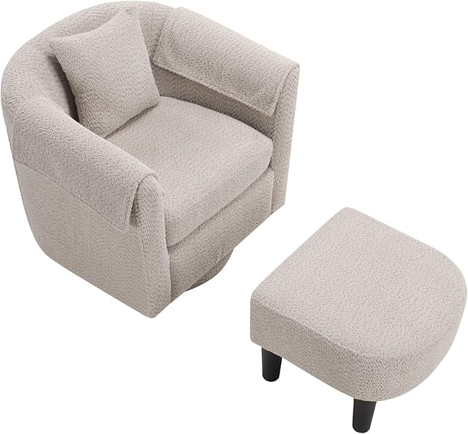 Gray Swivel Accent Chair with Ottoman 360° Barrel Chairs with Foot Stool Comfy Reading Chair with Removable Pillow &amp 2 Armrest Covers for Living Room Small Spaces Bedroom Chenille (Gray)