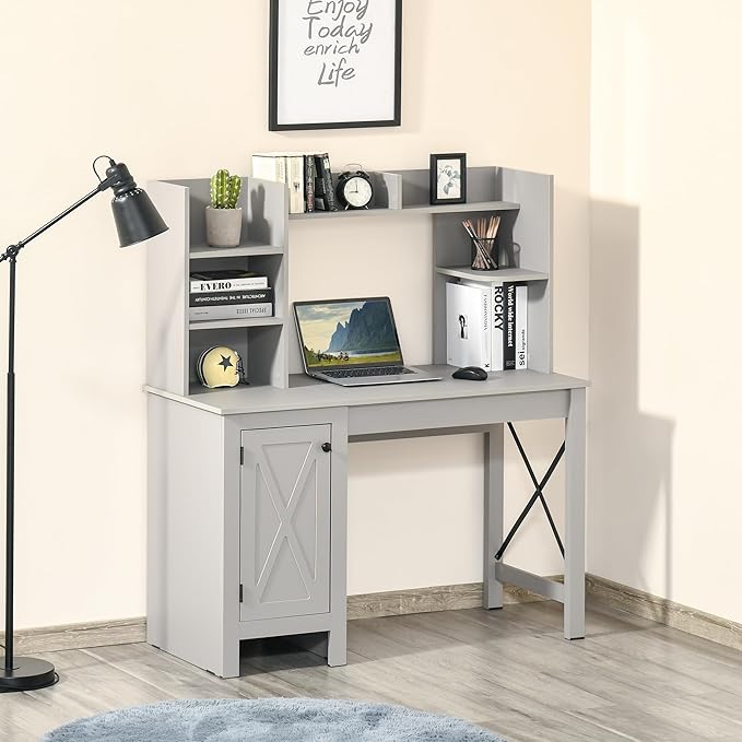 Farmhouse Computer Desk with Hutch and Cabinet Home Office Desk with Storage for Study Light Grey