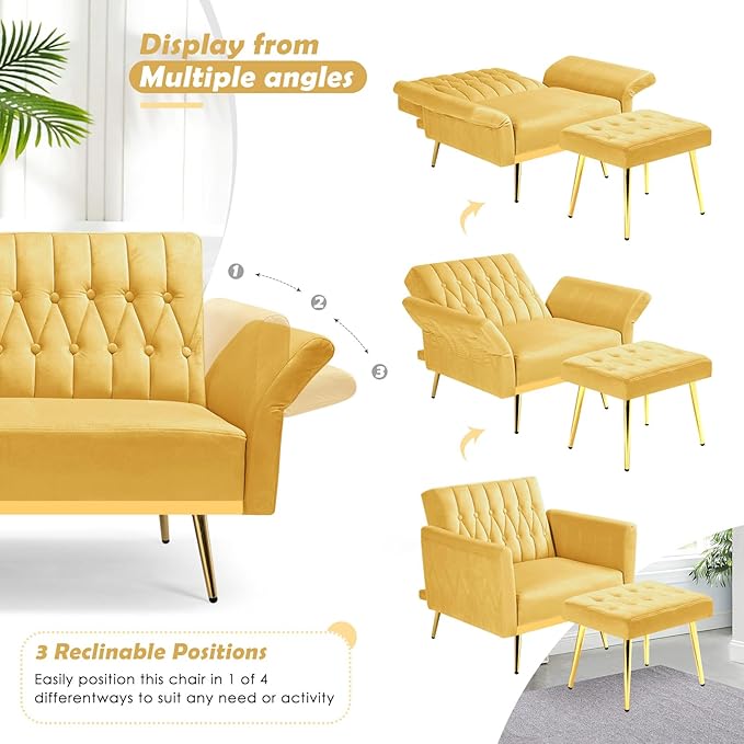 Velvet Accent Chair with Adjustable Backrest and Armrests Single Recliner Armchair with Ottoman and Golden Mental Legs for Living Room Bedroom and Waiting Room Yellow