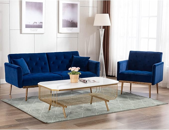 Modern Velvet Accent Chair Living Room Bedroom Leisure Single Sofa Chair (with Gold Metal feet) TV armrest seat Suitable for Small Space Home Office Coffee Chair (Blue)