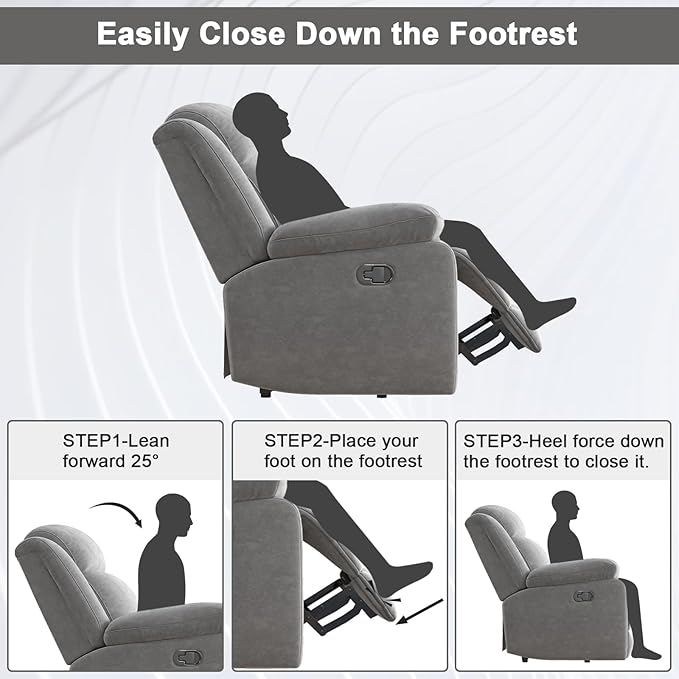 2Pcs Manual Rocker Recliner Chair Comfy Short Plush Glider Rocking Recliner with Overstuffed Lumbar Support Upholstered Reclining Sofa Chair for Living Room Grey