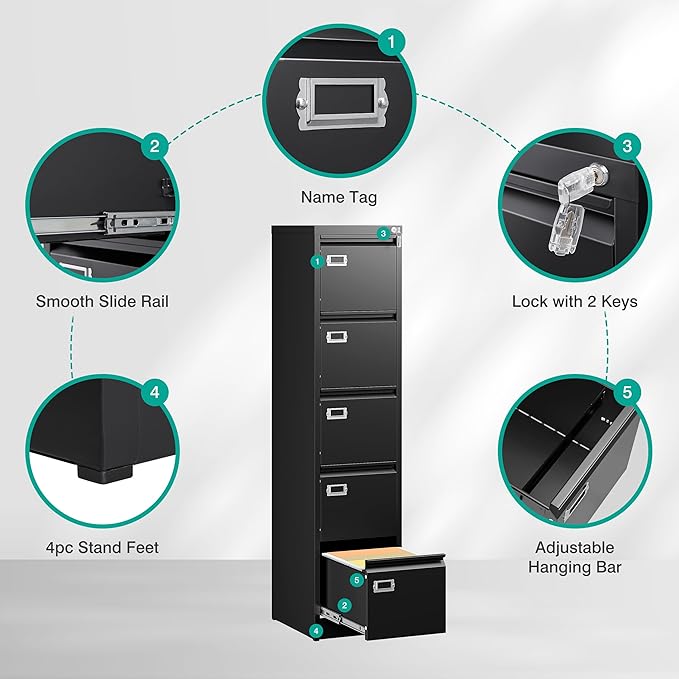 SISESOL 5 Drawer File Cabinet with Lock15 Narrow Vertical File Cabinet Five drawerTall Office Filing CabinetsBlack Metal Filing Cabinets for Home OfficeFit A4LegalLetter Size-Assembly Required