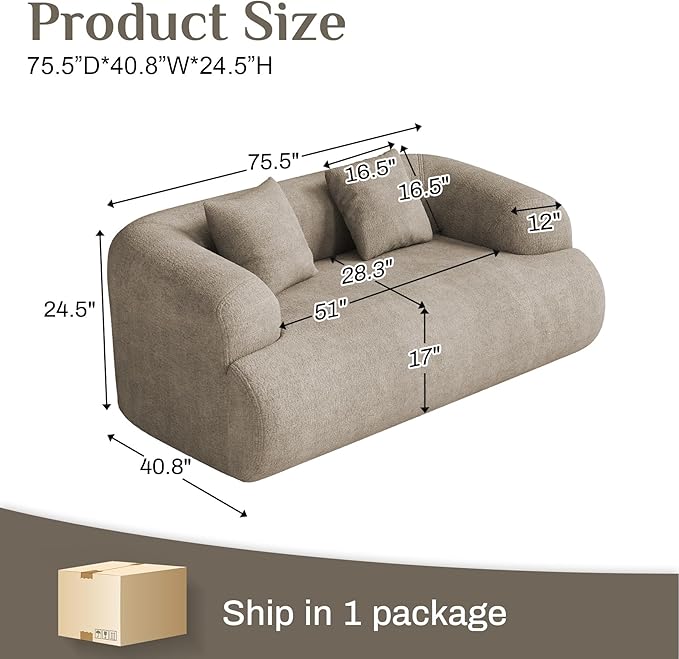 Half Moon Curved Sectional Sofa with 2 Throw Pillows Modern Style 2-Seater Chenille Leisure Couch with Curved Backrest Easy Assembly for Apartment Living Room Bedroom Light Brown（76 inch）