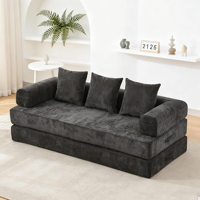 79 Inch 4-in-1 Convertible Sofa Bed Boneless Couches Chenille Folding Sleeper with Pull Out Bed Floor Futon Modular Lounge Loveseat compressed sofa No Assembly Required for Living Room (Black)