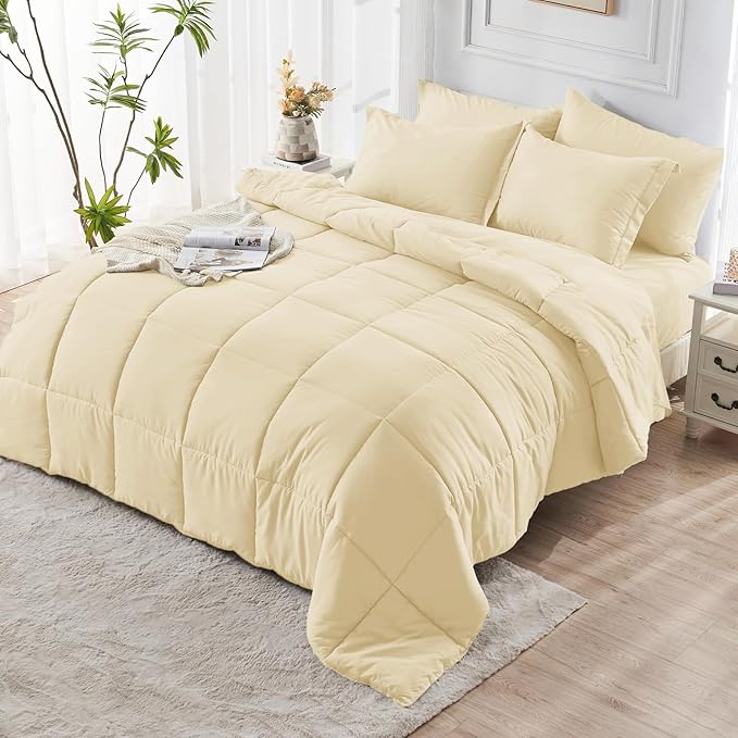 JOLLYVOGUE Twin Comforter Set Ultra-Soft Bed in a Bag Twin Size 5 Pieces Oeko-TEX Certified Bedding Set with Down Alternative Comforter Sheets Pillowcases &amp Shams Light Yellow