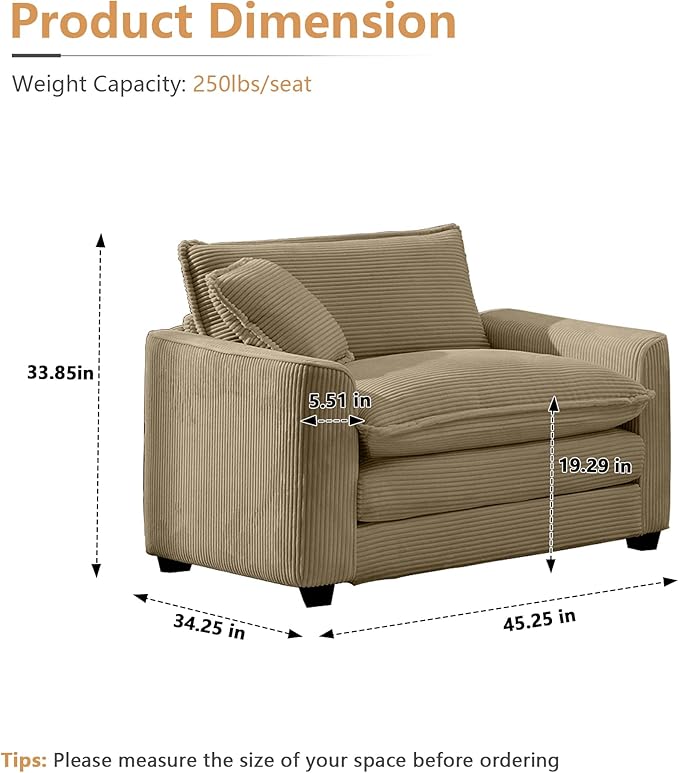 mikibama Luxury Modular Sectional Sofa Chair 45 Inch Modern Corduroy Comfy Cloud Couches for Living Room Office Bedroom Deep Sofa Chair with 1 Toss Pillows Camel