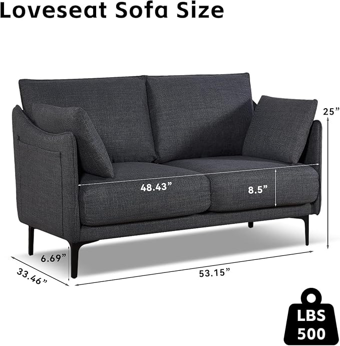 53 Loveseat Sofa Small Couch Fabric Upholstered 2-Seat Sofa with USB Port for Small Place Apartment Living RoomOffice(Grey)