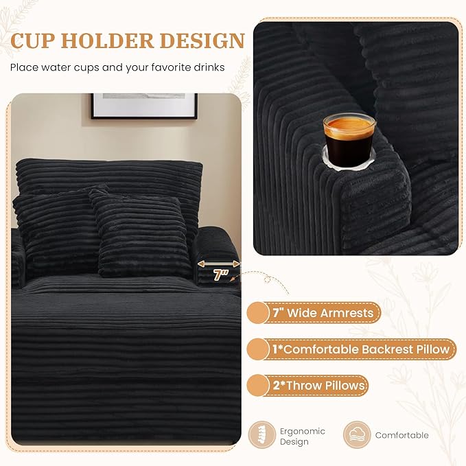 Chaise Lounge Chair Indoor 39 W Plush Corduroy Oversized Chair with Ottoman Upholstered Cozy Chaise with Cup Holder Modern Deep Seat Comfy Sofa Armchair for Living Room Bedroom(Black)