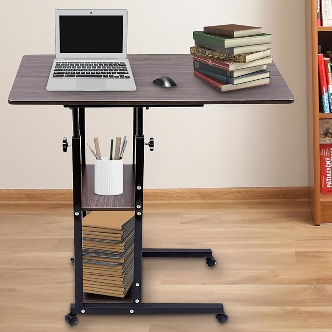 Portable Movable Computer Desk Height Adjustable Indoor C-Shaped Side Table Multifunctional Nightstand with 4 Universal Wheels and Storage Shelves for Living Room Bedroom Office Writing Desk