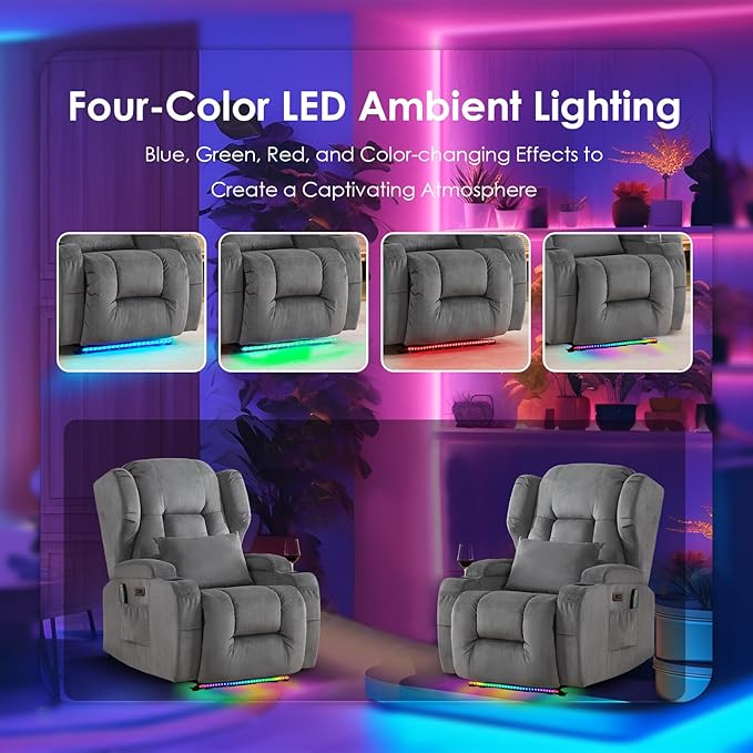 SAMERY Power Recliner Chair Set of 2 Electric Wall Hugger Recliners with Massage &amp Heat Comfy Reclining Sleeper Chair Movie Sofa Home Theater Seat with Cup Holders/USB Port/LED Light/Lumbar Pill