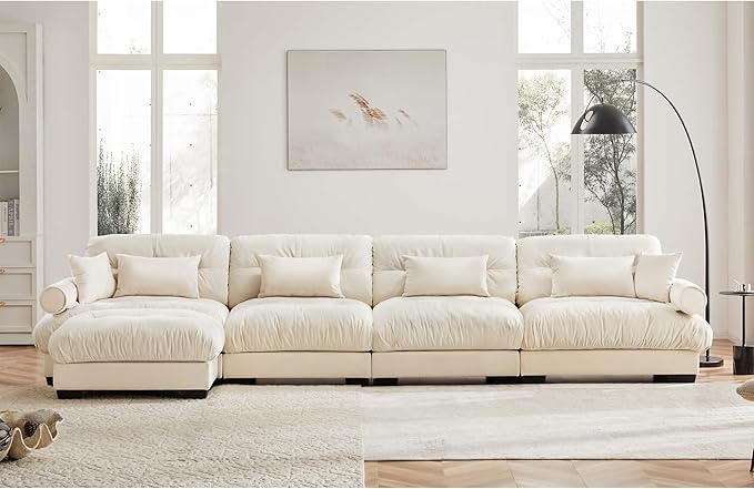 Velvet Modular Sectional Sofa4-Seater Cloud Couch with OttomanPillows and High Density Memory Foam for Living Room Home TheaterApartment（Beige）