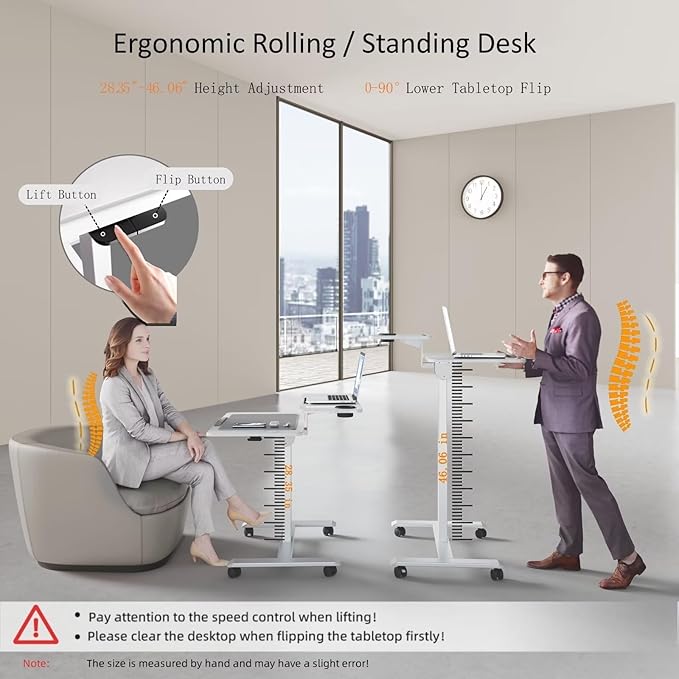Pneumatic Standing Desk with Wheels - Adjustable Height 28 - 46 &amp 0-90° Tilt 31.5 x 17.7 Skin-Feel Desktop Rolling Computer Desk for Home Office Hospital School (White)