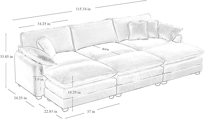 115.34 in Modular Sectional Couch 3 Seat Extra Deep Corduroy Sofa with 3 Ottoman Footrests 2 Arm Pillows &amp 3 Throw Pillows Upholstered Comfy Couches for Living Room Bedroom Apartment Beige