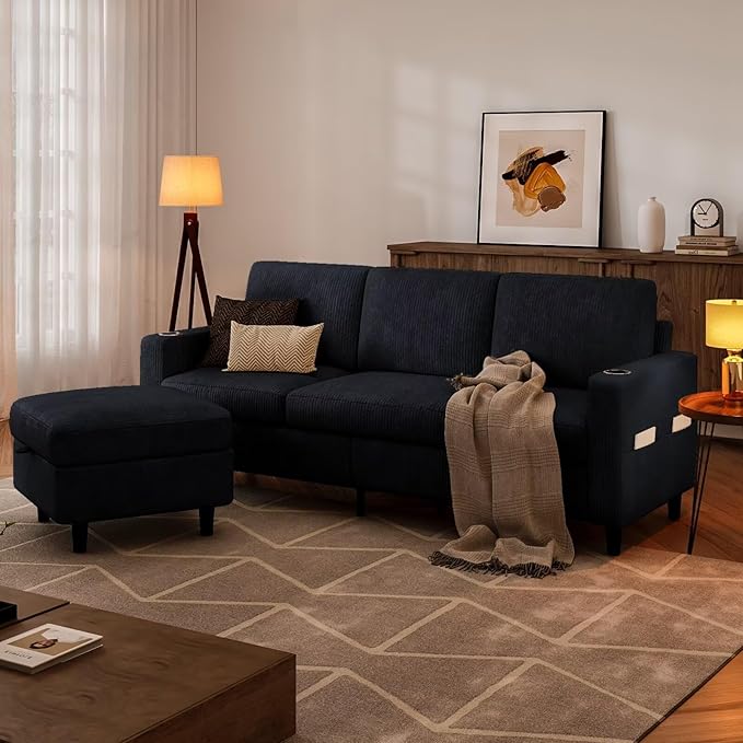 Convertible Sectional Couches for Living Room Modern Corduroy Couch Small Sofas for Small Space Apartment Office 3 Seats L Shaped Sofa with Storage Ottoman and 2 Cup Holders Black