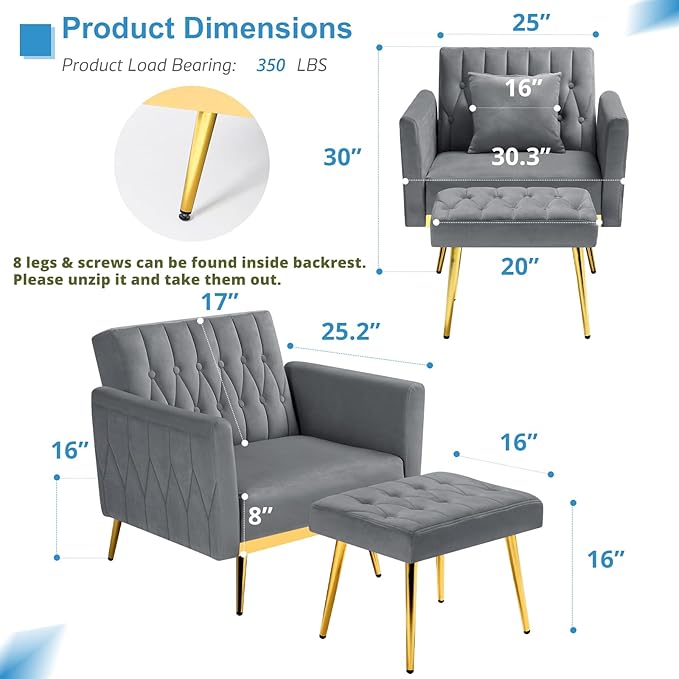 2 Pieces Velvet Sofa Set with Adjustable Armrest and Backrest 70” Convertible Futon Sofa Bed &amp Mordern Accent Chair with Ottoman for Living Room Bedroom Grey